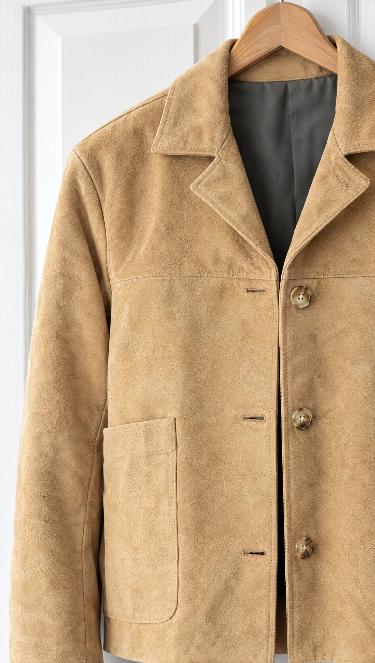 Giacca Giuly Beige - dettaglio della pelle scamosciata e del taschino